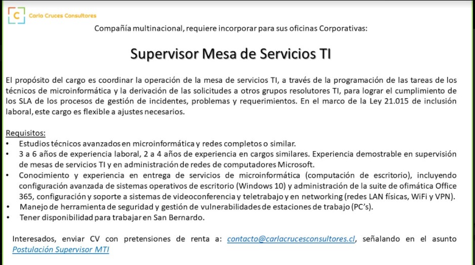 Noticia Oferta Laboral: Supervisor Mesa TI - San Bernando