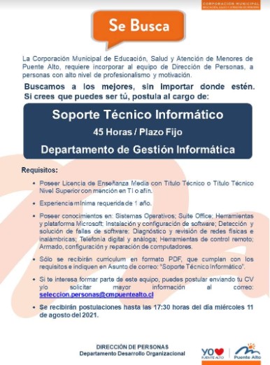 Noticia Oferta Laboral Soporte Técnico Informático - Puente Alto